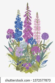 Lovely Garden. Flowerbed. Vintage illustration. Spring and summer garden flowers svg