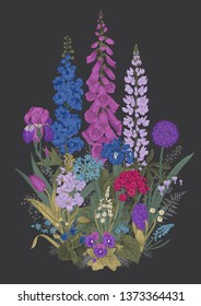 Lovely Garden. Flowerbed. Vintage illustration. Spring and summer garden flowers. Dark color