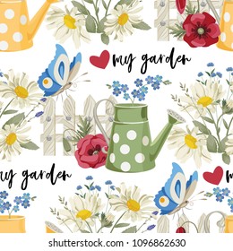 Lovely garden seamless pattern. Spring flowers vector. Floral texture. Gardening tools. Beautiful pattern of gardening. Flowers and watering cans. 
