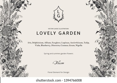 Lovely Garden. Vector horizontal card. Vintage floral elements. Spring and summer garden flowers. Black and white