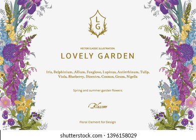 Lovely Garden. Vector horizontal card. Vintage floral elements. Spring and summer garden flowers