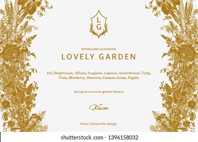 Lovely Garden. Vector horizontal card. Vintage floral elements. Spring and summer garden flowers. Gold and white