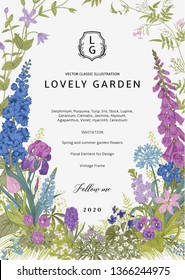 Lovely Garden. Vector invitation. Vintage frame. Spring and summer garden flowers