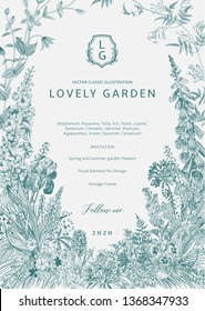 Lovely Garden. Vector invitation. Vintage frame. Spring and summer garden flowers. Emerald svg