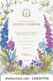 Lovely Garden. Vector invitation. Vintage frame. Spring and summer garden flowers. Coloring