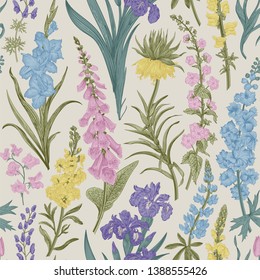 Lovely Garden. Vintage seamless pattern. Spring and summer garden flowers