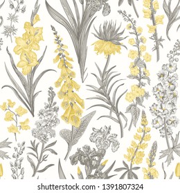 Lovely Garden. Vintage seamless pattern. Spring and summer garden flowers. Yellow and gray. Toile de Jouy. 