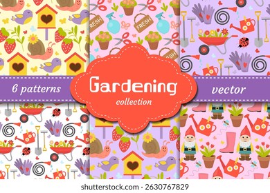 Lovely gardening vector patterns with tools, plants, gnomes, flowers, snails and strawberries. Great for spring decor, packaging, hobby prints and kids designs.