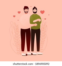 Lovely gay couple holding little newborn daughter, homosexual family, lgbt couple with kid, valentine or fathers day greeting card in cartoon style, happy fatherhood, baby adopting