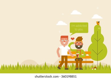 Lovely gay couple in park in spring season, valentine's day concept