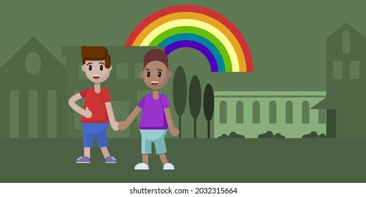 Lovely Gay Couple Of Young Men Walking On Vacation In The City. Gay Family, Lgbt Couple African American And European Man On A Walk. Illustration In Cartoon Style.