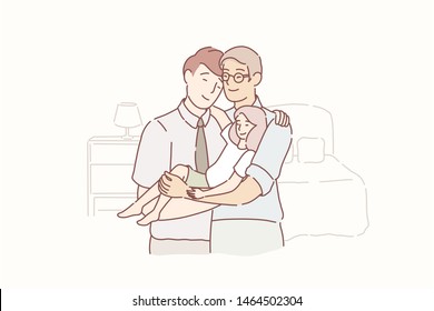 Lovely Gay Family. Two Adult Men And Small Baby Standing Together In The Room At Home. Male Gay Couple With Foster Daughter. Adoption. Cartoon Flat Design, Isolated Vector Illustration.