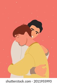 Lovely gay LGBT teens love each other and cuddle. The relationship of men and their hugs. Vector illustration.