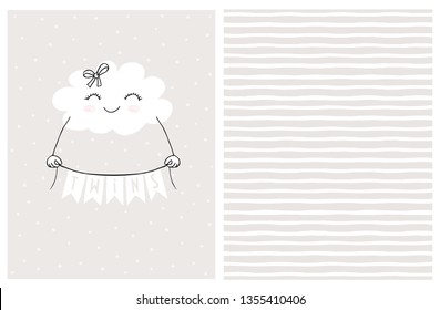 Lovely Gender Neutral Baby Shower Vector Card. Smiling White Fluffy Cloud Holding a Banner with the Inscription Twins.Cute Hand Drawn Cloud on a Light Gray Background.Irregular Stripped Vector Pattern