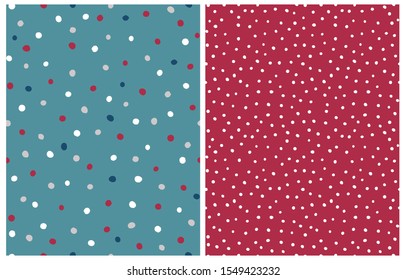 Lovely Geometric Seamless Vector Patterns. White Polka Dots Isolated on a Cherry Red Background. Simple Dotted Print with White, Red and Light Gray Spots on a Blue Layout. Christmas Party Decoration.