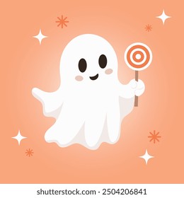 A lovely ghost. The Halloween holiday. The ghost holds a lollipop in his hand. Vector illustration