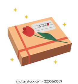 Lovely gift box with red ribbon and a flower, present for a loved one, isolated on white vector illustration in flat style