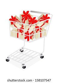 Lovely Gift Boxes with Red Ribbon and Bow Shopping Cart, A Perfect Gift or Present for Someone Special. 