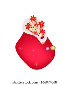 Lovely Gift Boxes with Red Ribbons and Bows in A Red Santa Sack or Santa Bag, A Gift From Santa Claus on Christmas Night.  