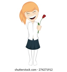 Lovely ginger girl gives a rose