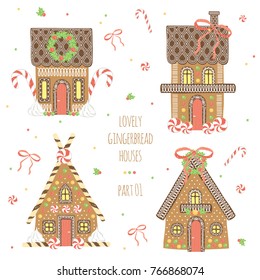 Lovely gingerbread houses part 01. Christmas decoration, vector illustration.