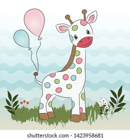 Lovely Giraffe Cartoon Walking in the Jungle with Two Balloons Attached Its Tail. 