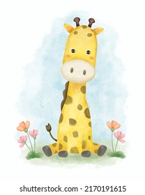 Lovely giraffe sitting on grass with beautiful flowers in watercolor painting for graphic design postcard, vector illustration