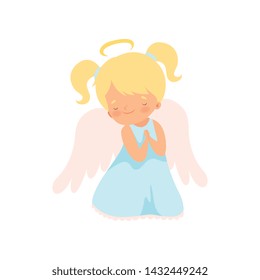 Lovely Girl Angel with Nimbus and Wings, Adorable Baby Cartoon Character in Cupid or Cherub Costume Vector Illustration