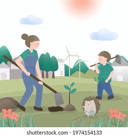 Lovely girl and animal with Campaign planting for save the world in cartoon character, flat vector illustration design