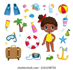 Lovely girl in a bathing suit. Set of elements of summer vacation and vacation at sea. Anchor, suitcase, fins, palm tree, ball, lemonade. Children's baby clipart. Vector cartoon illustration