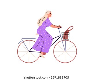 Lovely girl bicyclist rides on lady bicycle with basket and carries bag. Young woman in dress is on classical bike while walk. Female cycling. Flat isolated vector illustration on white background