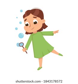 Lovely Girl Blowing Soap Bubbles Through Wand, Cute Girl Wearing Green Dress Having Fun with Soap Bubbles Cartoon Style Vector Illustration