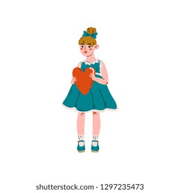 Lovely Girl in Blue Dress Holding Red Heart, Happy Valentine Day Vector Illustration