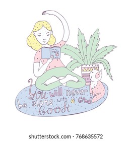 Lovely girl with book in yoga position with cat and lettering about love with reading.  Hand drawn illustration