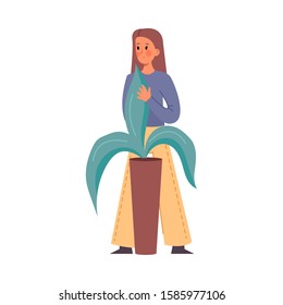 A lovely girl caring for a big potted house plant. vector illustration in flat cartoon style.