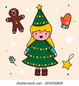 Lovely girl in christmas tree costume mascot with green hat and christmas items such as winter gloves, hanging star and gingerbread on snowflake background, vector illustration