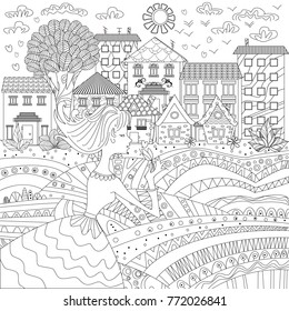 Lovely girl in a city for coloring book
