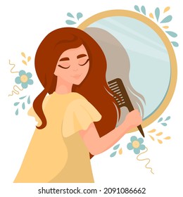 Muchacha encantadora peinando su largo pelo cerca del espejo. Concepto de belleza, cuidado del cabello, salud del cabello. Peluquería de mujer con peine. Ilustración de dibujos animados.