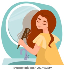 Lovely girl combing her long hair near mirror in bathroom. Concept of Beauty, Hair care , hair health, morning routine. Woman hairstyle by comb. Vector cartoon illustration.