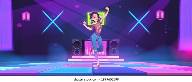 Lovely Girl Dance At Night Club Disco Party, Young Woman Dancing, Moving Body With Raised Hands. Teenager Nightlife Activity In Bar With Glowing Floor And Neon Illumination, Cartoon Vector