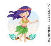 Lovely girl dancing in a Hawaiian style dress, Aloha girl with a Hawaiian dress decorated with flowers.