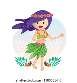 Lovely girl dancing in a Hawaiian style dress, Aloha girl with a Hawaiian dress decorated with flowers.