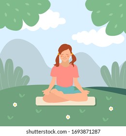 Lovely girl doing yoga meditation to relax. Vector illustration.