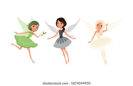 Lovely Girl Fairies with Wings Set, Beautiful Girls Flying in Pretty Dresses Cartoon Vector Illustration