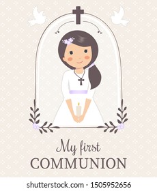 Lovely girl for First Communion. Girl with pigeons and cute frame