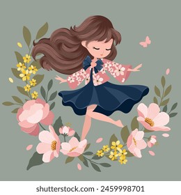 Chica encantadora con Ilustración vectorial de flores, tema de otoño, rosas de Vector, ilustración de otoño