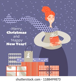 Lovely girl with gifts. Christmas card in cartoon style.