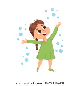 Lovely Girl Having Fun with Soap Bubbles, Cute Kid Wearing Green Dress Having Fun Cartoon Style Vector Illustration
