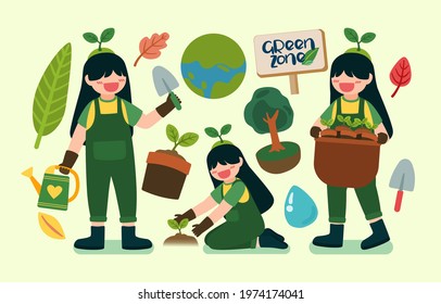Lovely girl help to plant trees on happy earth day in cartoon character, flat style vector illustration