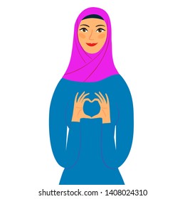 Lovely girl in hijab showing heart symbol with her fingures. Love and support illustration for your design.